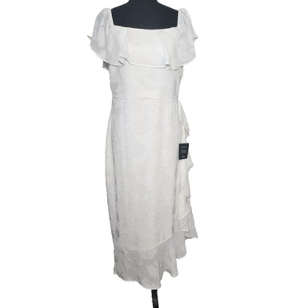 Lulus Floral Jacquard Ruffle Midi Dress White Square Neck Womens Large